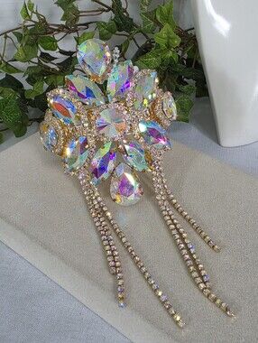 Glamorous Gold Iridescent Crystal Statement Arm Cuff Bracelet with Dangle Fringe